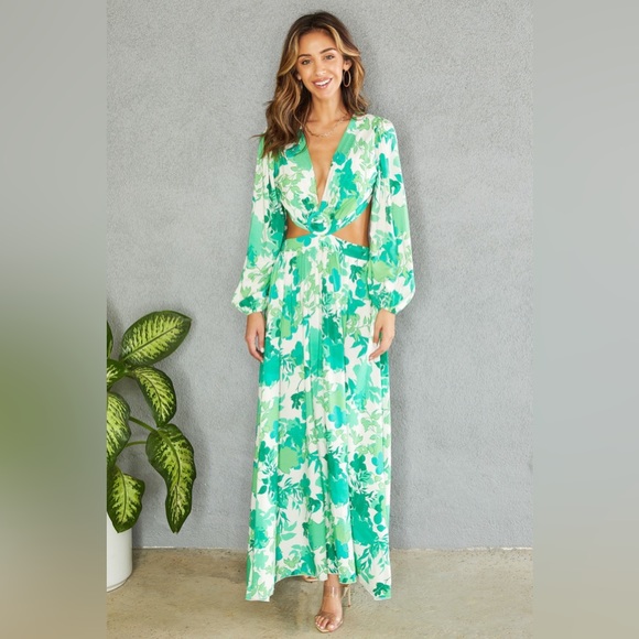 (50396-SPR-KELL) SPRING FLORAL PRINT ELASTIC LONG SLEEVE MAXI DRESS - Picture 4 of 4